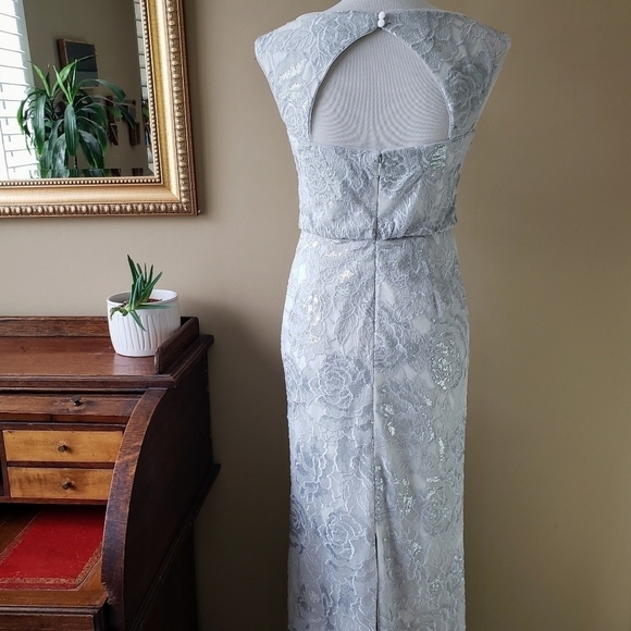 Adrianna Papell Silver White Lace Sequin Blouson Column Gown Brigerton Size 4 - Picture 7 of 13